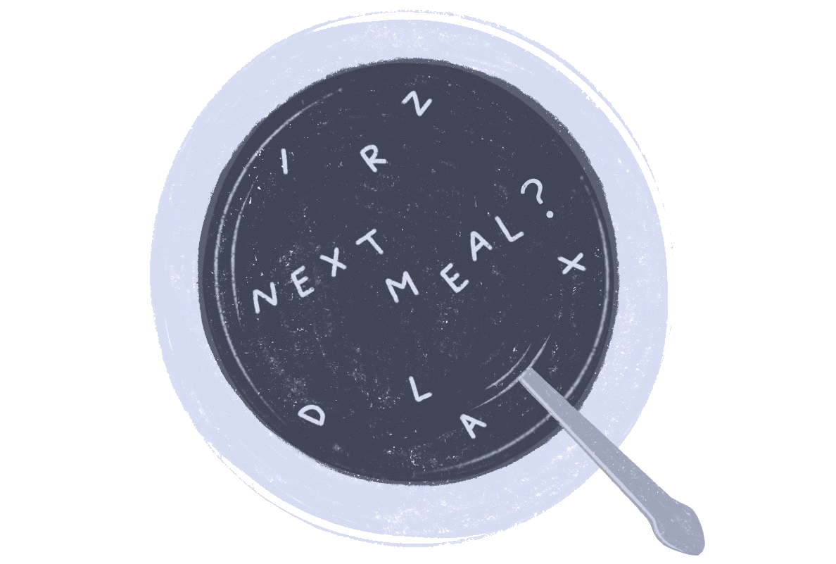Illustration of a bowl of soup that says 'next meal'