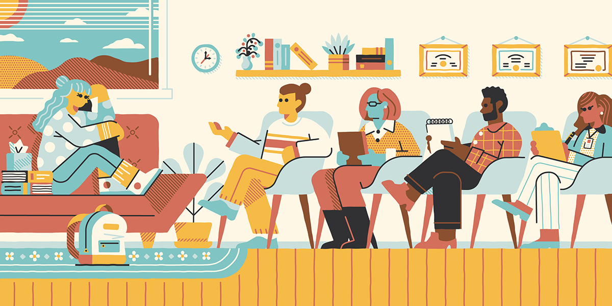 illustration of a student interviewing therapists
